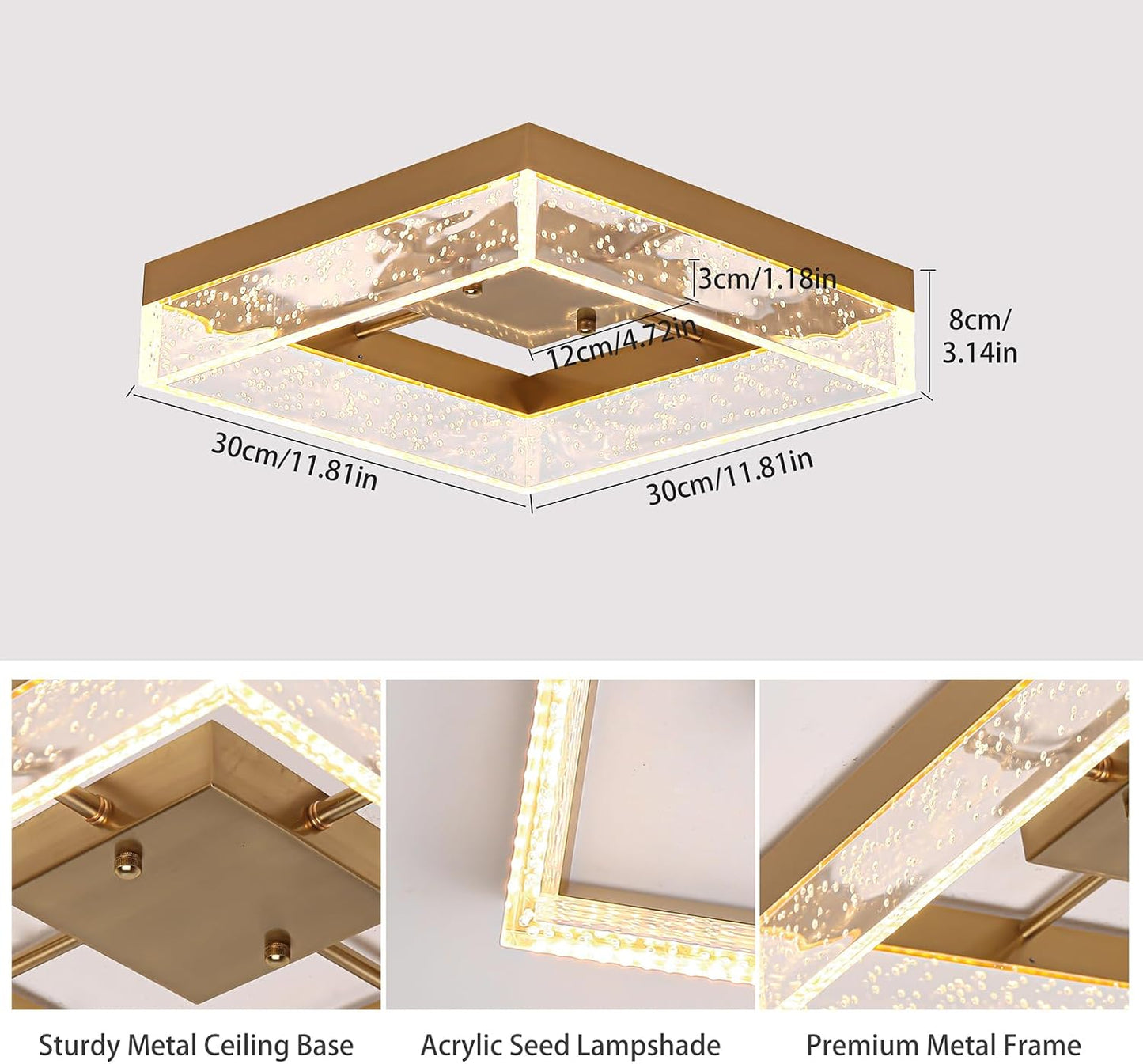 Lámpara techo LED empotrada 11.81pulg cuadrada dorada 3000K