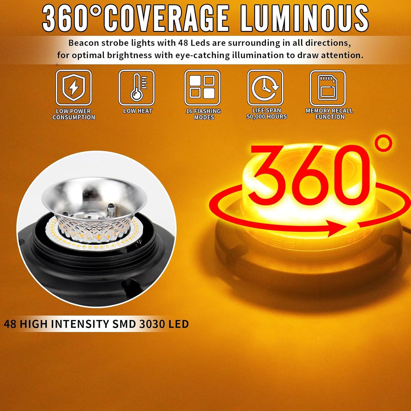 Luces estroboscópicas ámbar 48 LED base magnética 12-24V