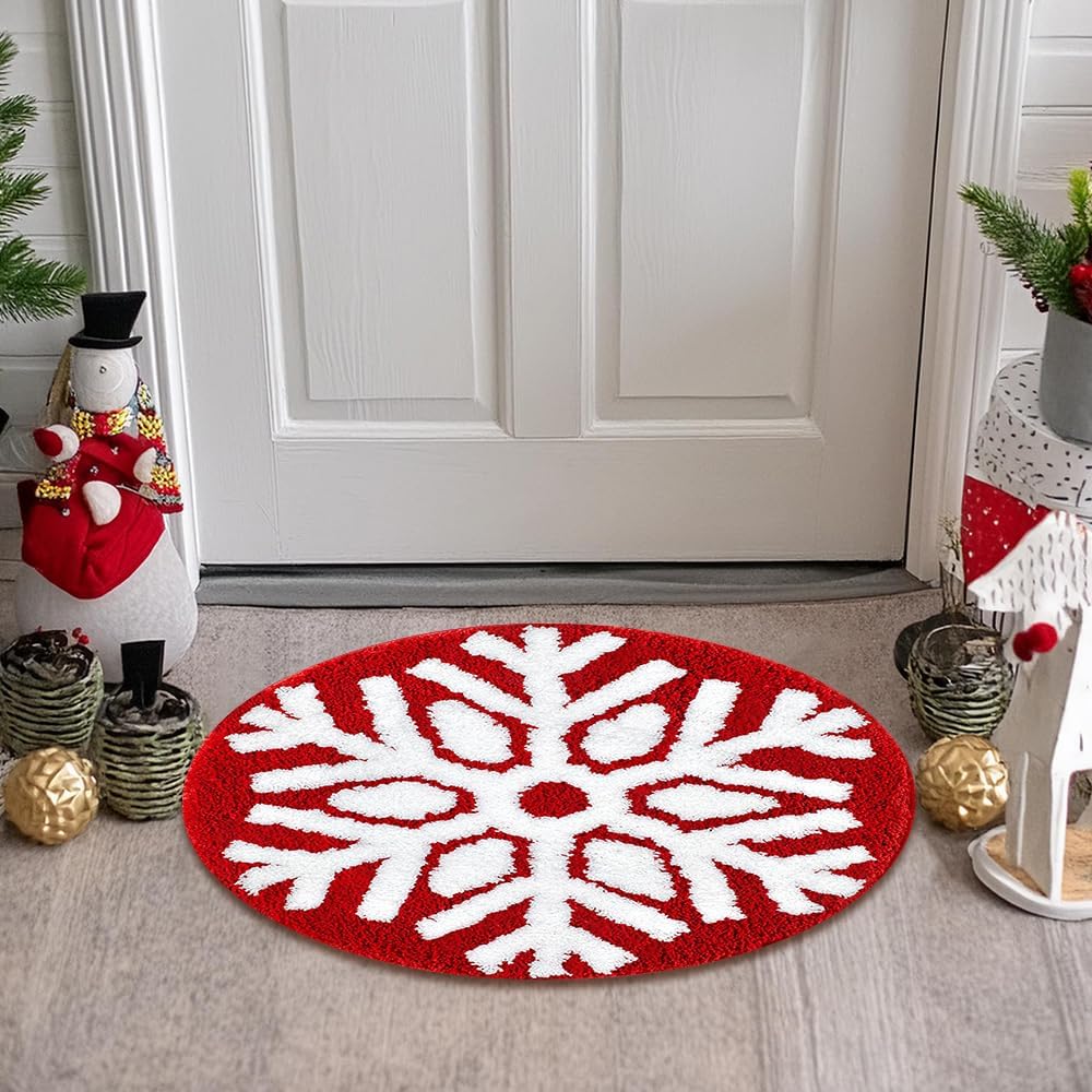 Alfombras baño Navidad copos nieve rojos antiderrap