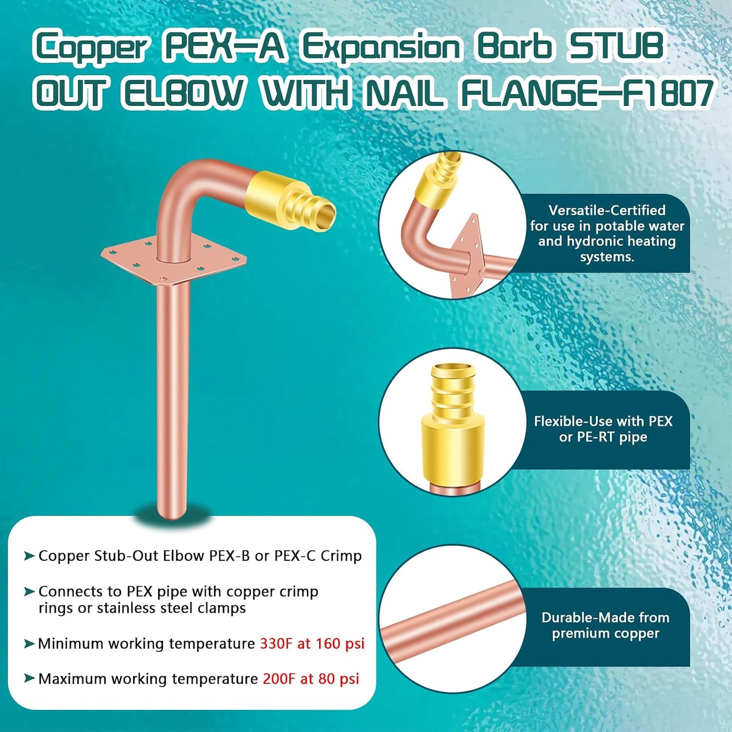 Codo cobre PEX 1/2pulg set 5 con brida 6pulg F1807