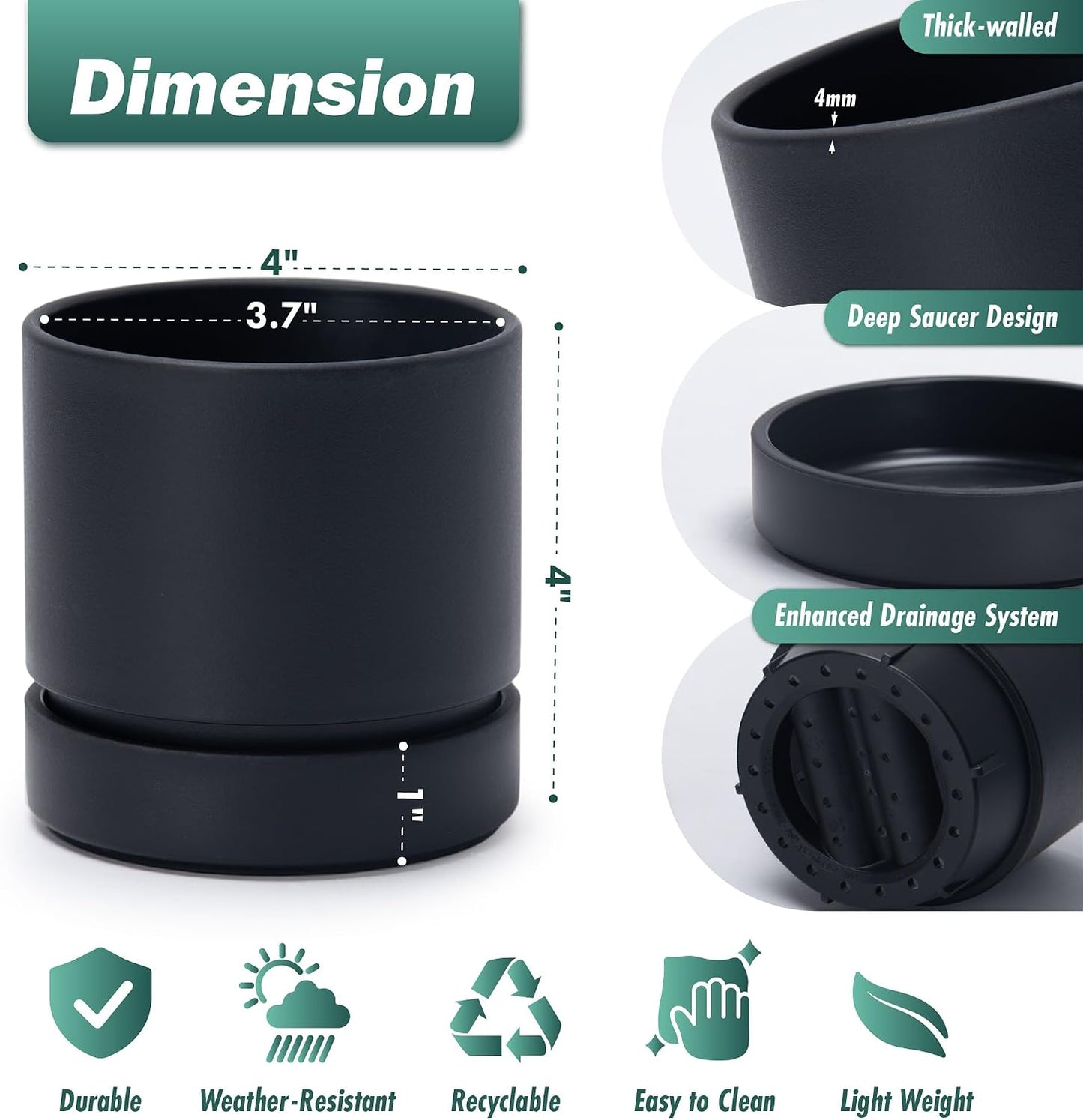 2 Pzas Maceta Cilíndrica 4" Negro Mate con Platillo