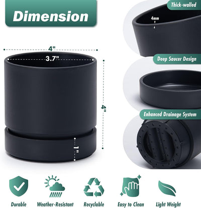 2 Pzas Maceta Cilíndrica 4" Negro Mate con Platillo