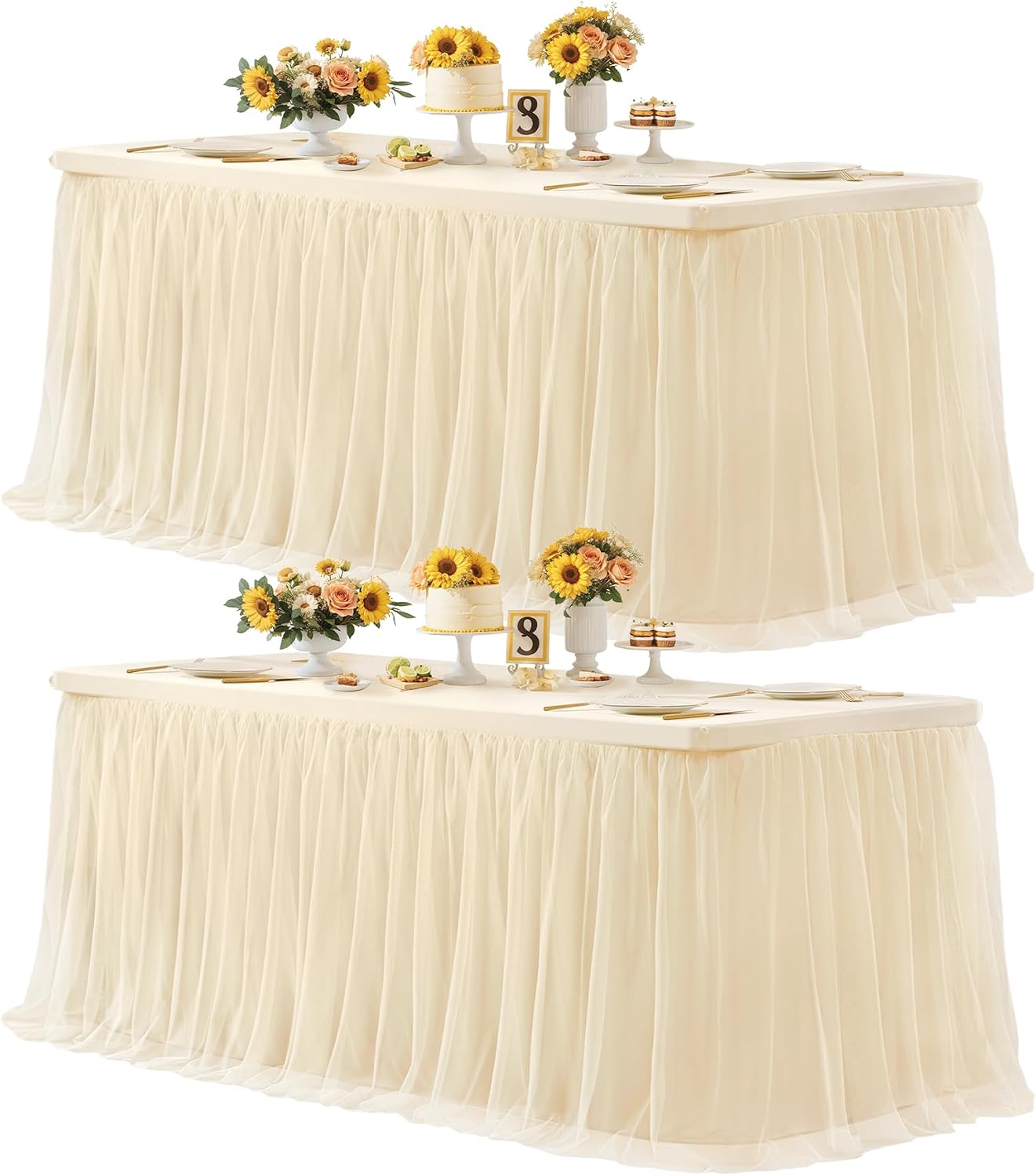 Mantel rectangular 8ft color champán falda tul