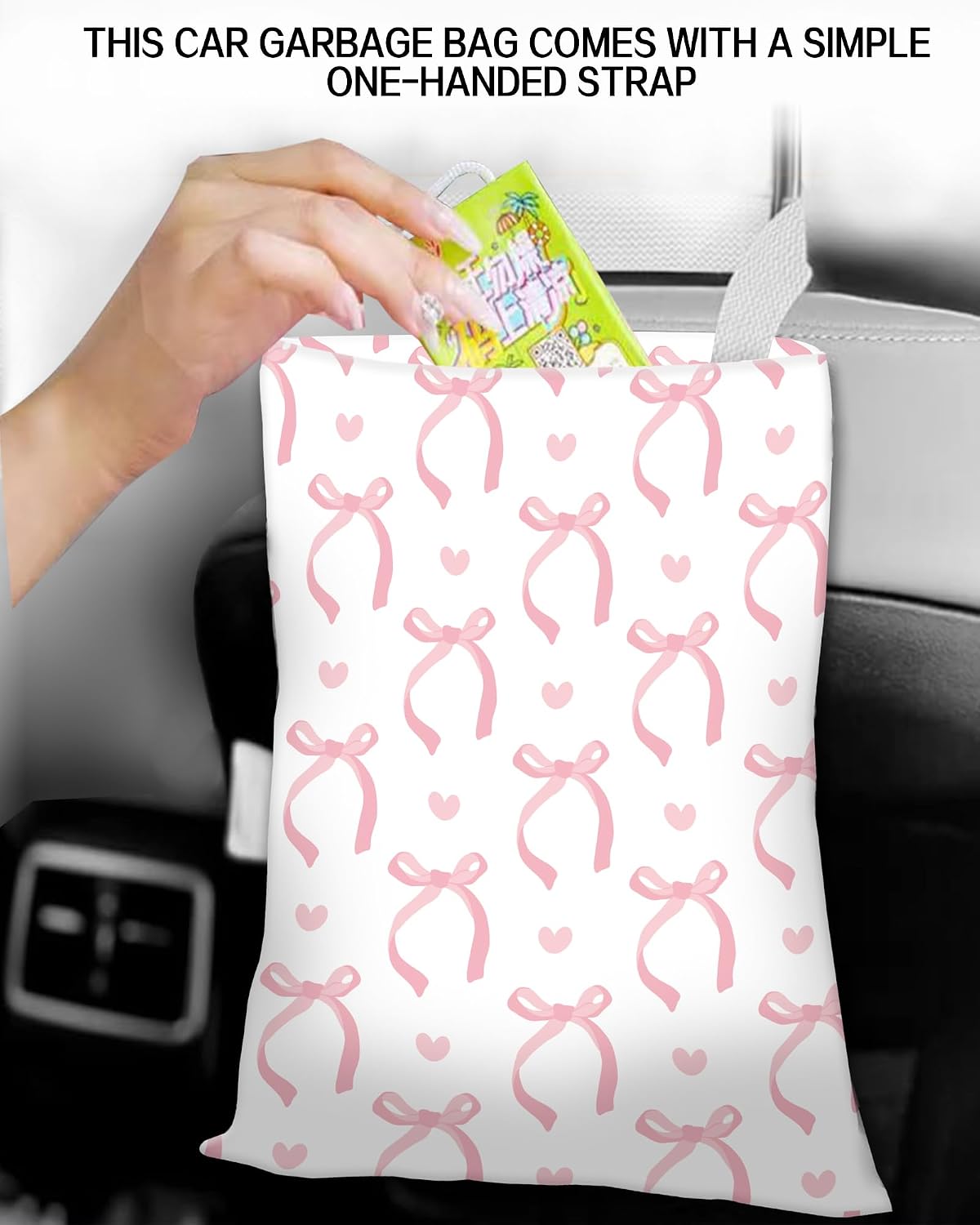 Bote basura auto con bolsa duradera y lazo rosa