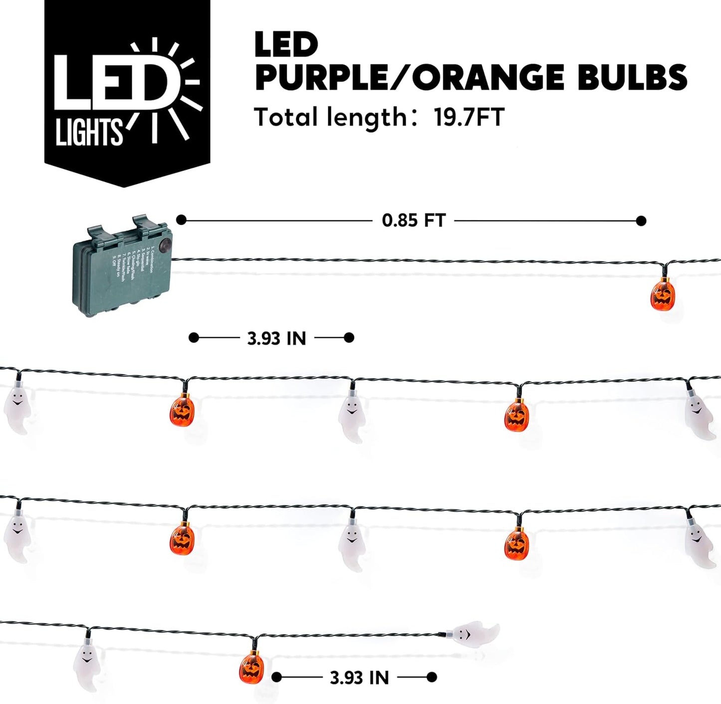 Guirnalda luces Halloween 30 LED 8 modos naranja