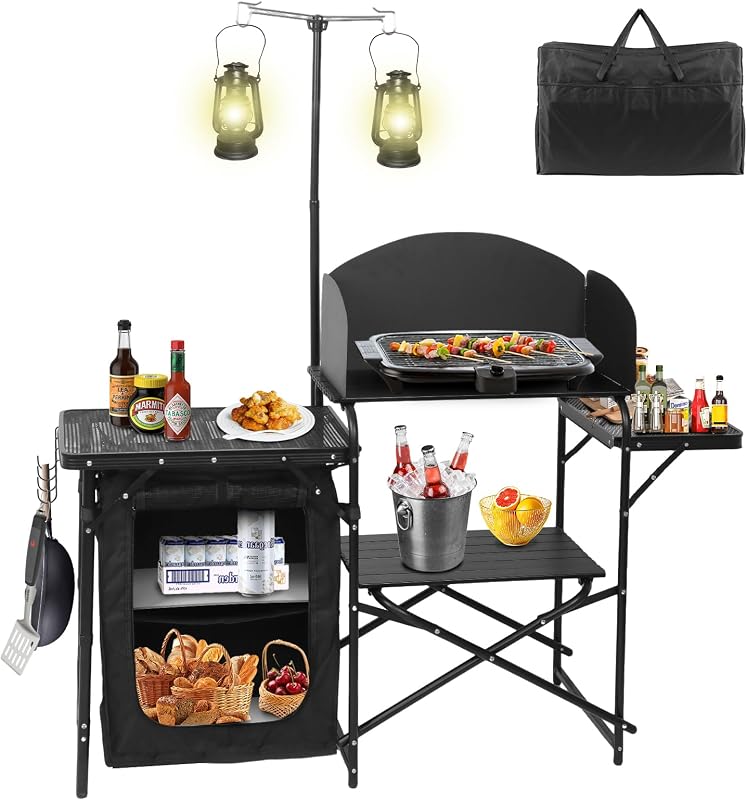 Estación cocina camping con soporte luz y parrilla