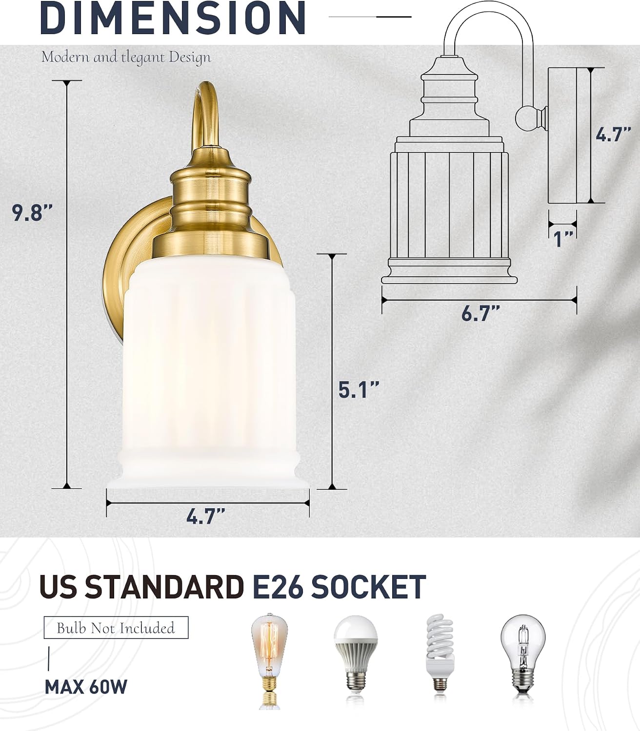 Lámpara pared baño 1 luz vidrio campana blanco dorado