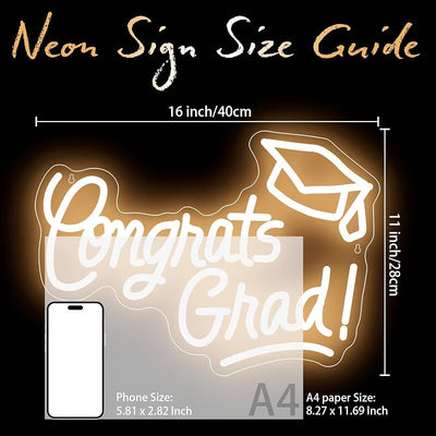Letrero neón Congrats Grad 16x11pulg luz blanca clase 2026