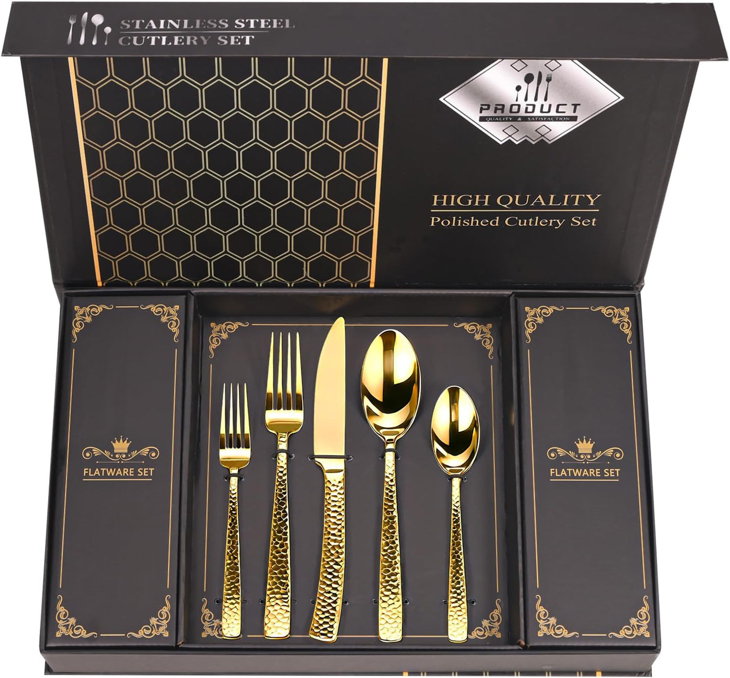 Set 40 Pzas Cubiertos Acero Inox Caja Regalo Oro