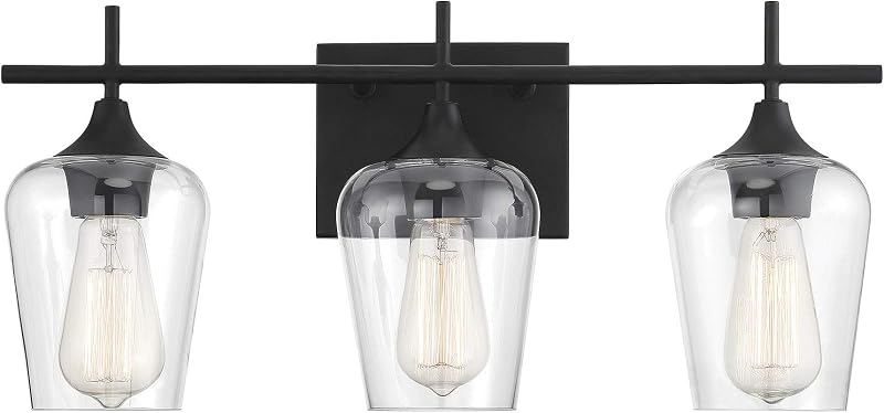 Lámpara baño 3 luces negro vidrio transparente 21pulg