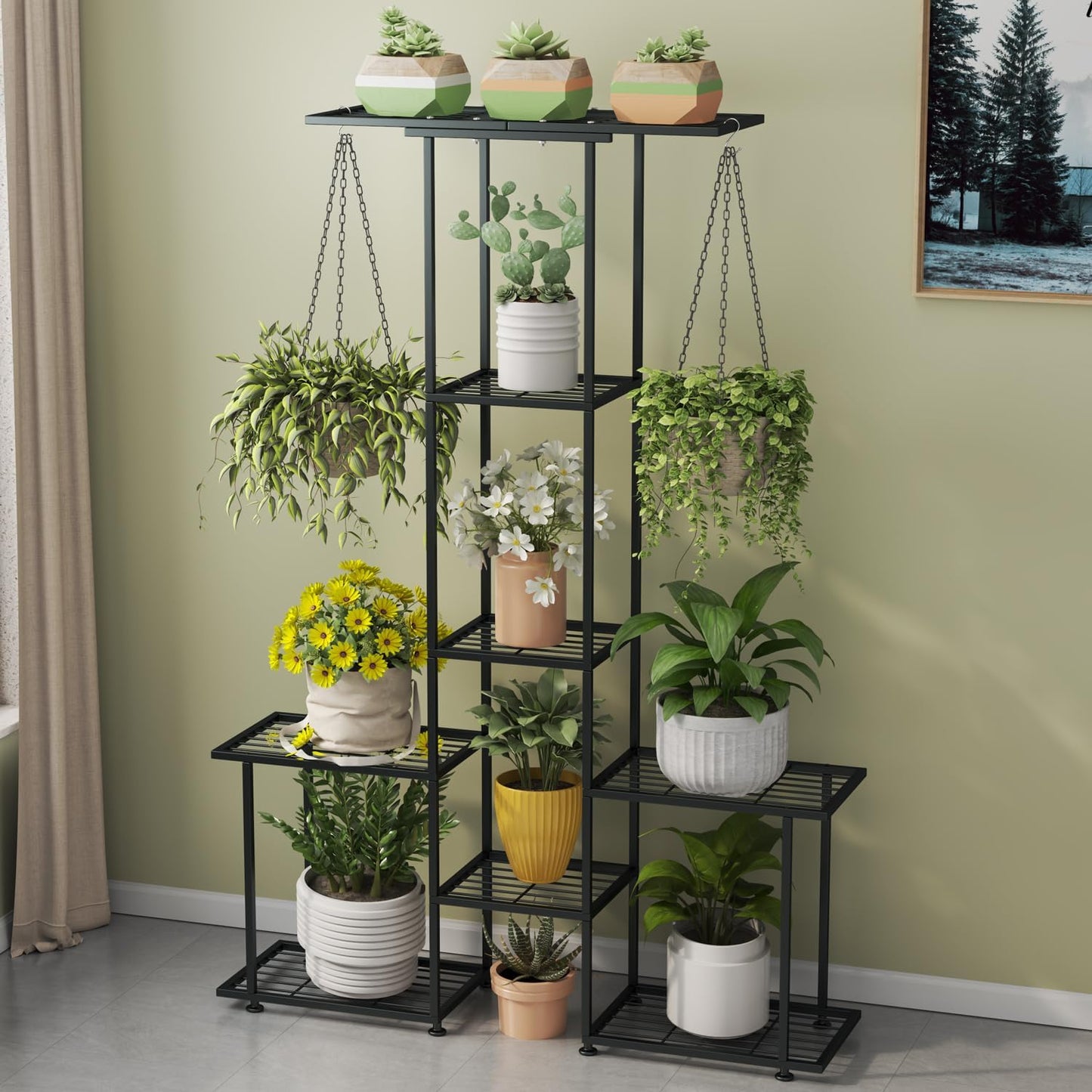 Soporte plantas colgante metal 6 niveles jardín negro