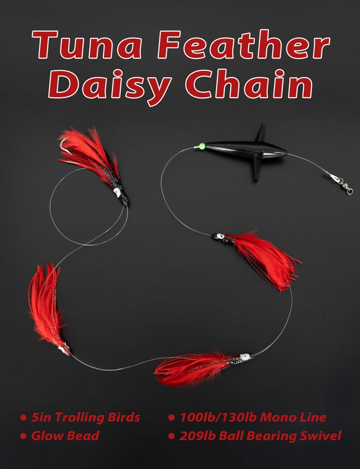 Señuelo pesca plumas atún 6" gancho acero inox negro/rojo