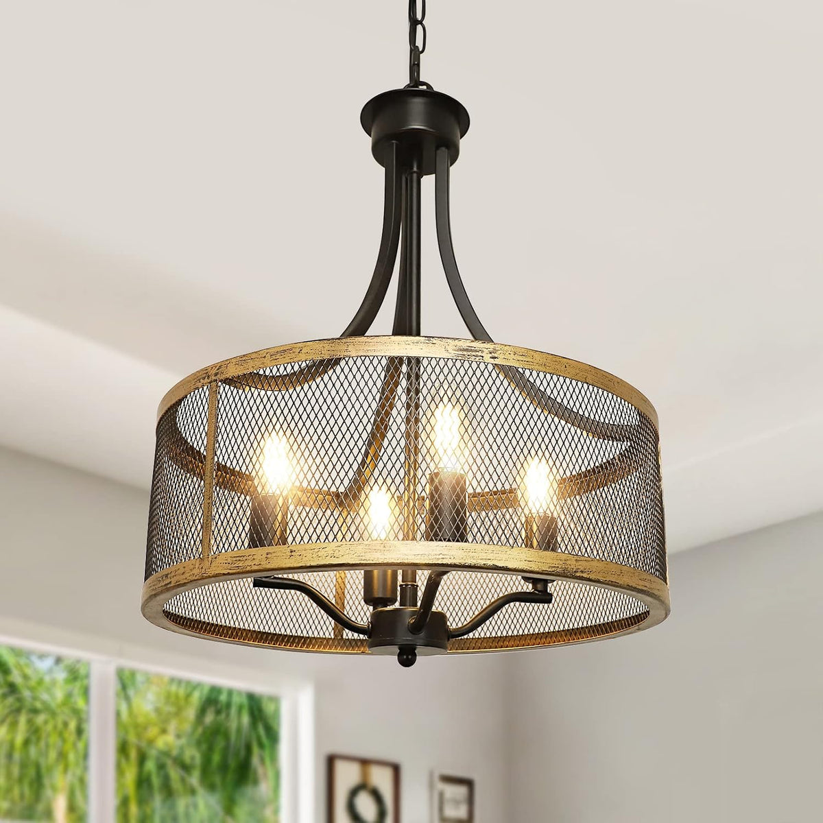 Candelabro industrial 4 luces 16pulg dorado antiguo y negro