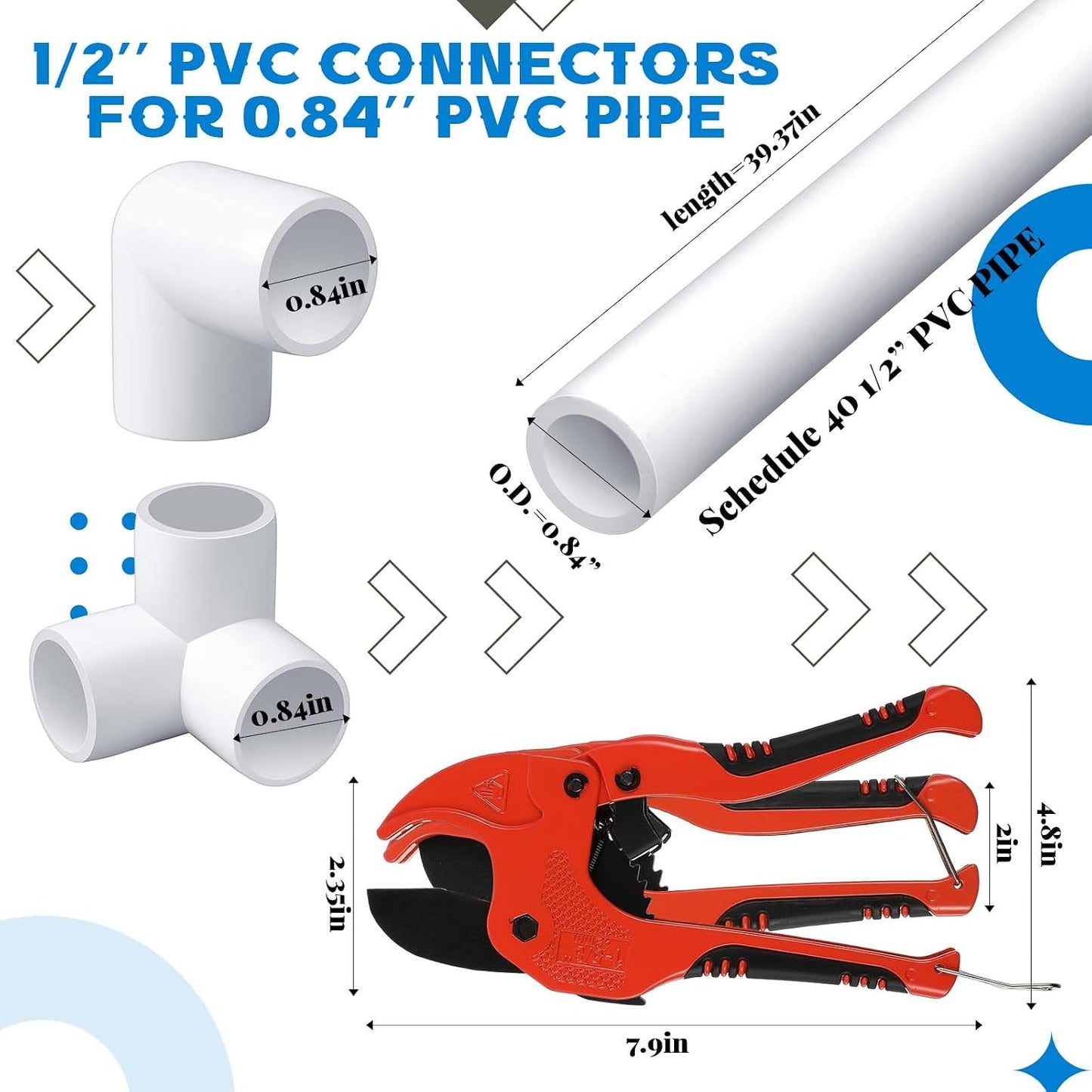 10 Tubos PVC 1/2pulg x3ft con Accesorios Codo y Cortador