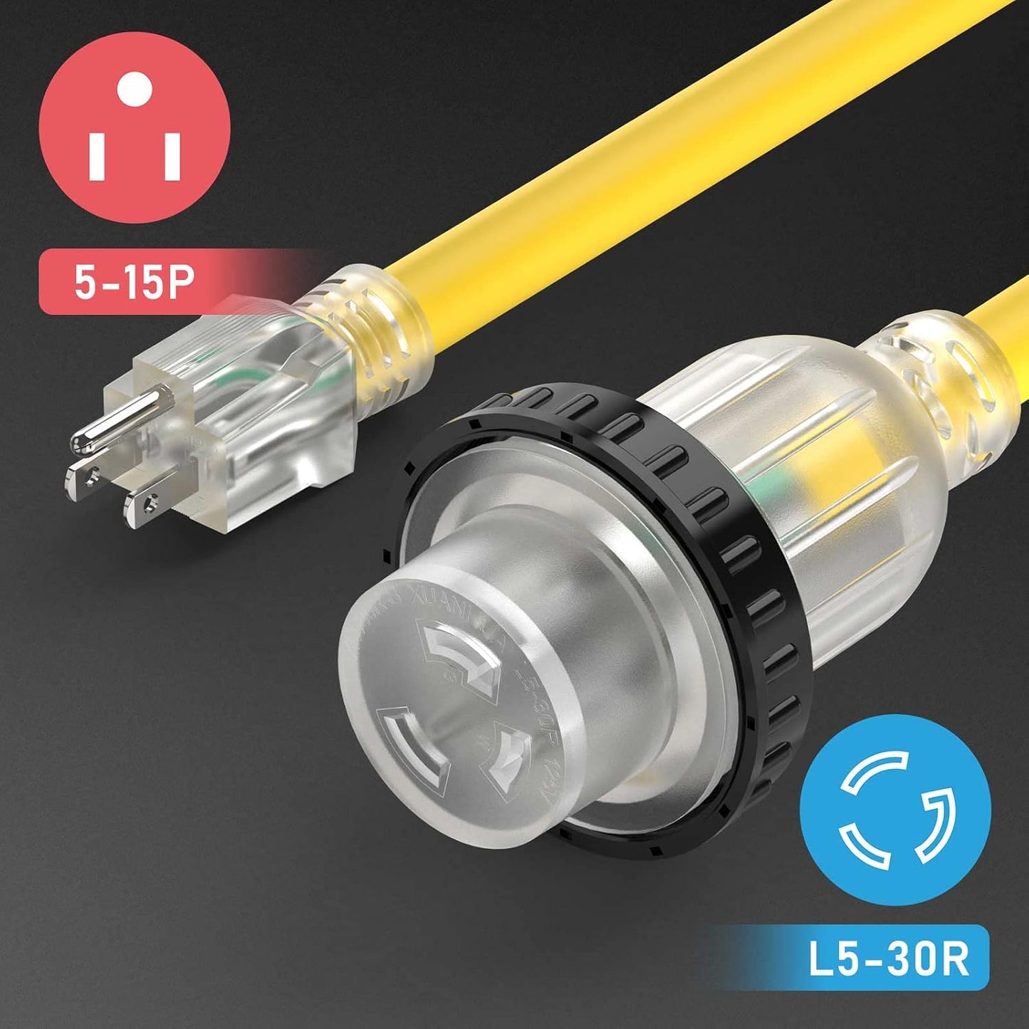 Adaptador corriente RV 30A a 15A NEMA 5-15P a L5-30R 12" UL