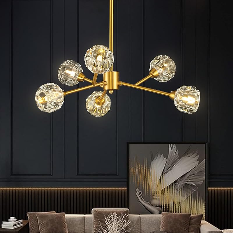 Candelabro de cristal moderno 6 luces doradas para comedor