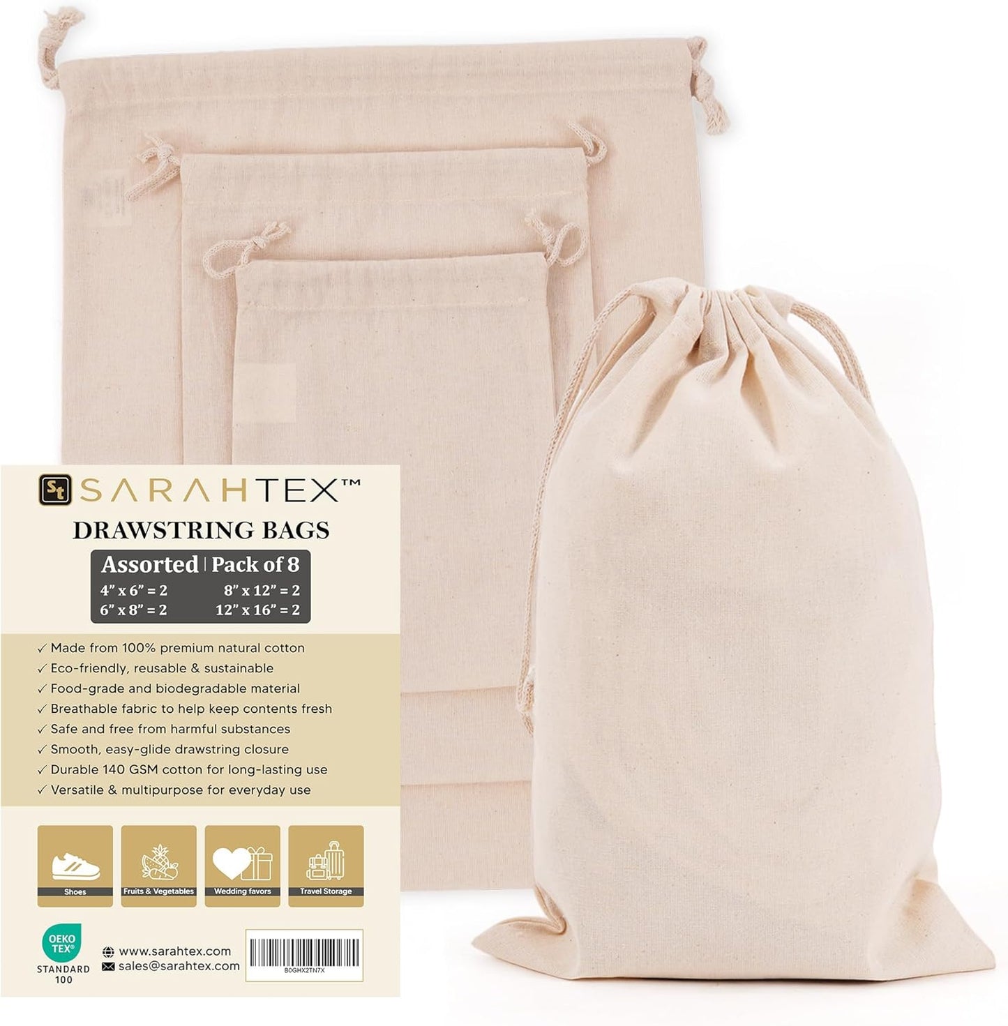 Paquete de 8 bolsas de algodón con cordón reutilizable para regalo y almacenamiento