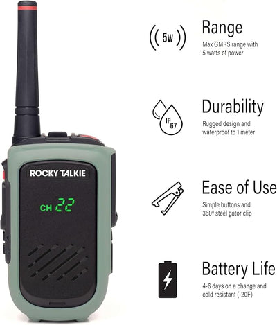 Radio GMRS 5 W con micrófono impermeable IP67 y alertas NOAA