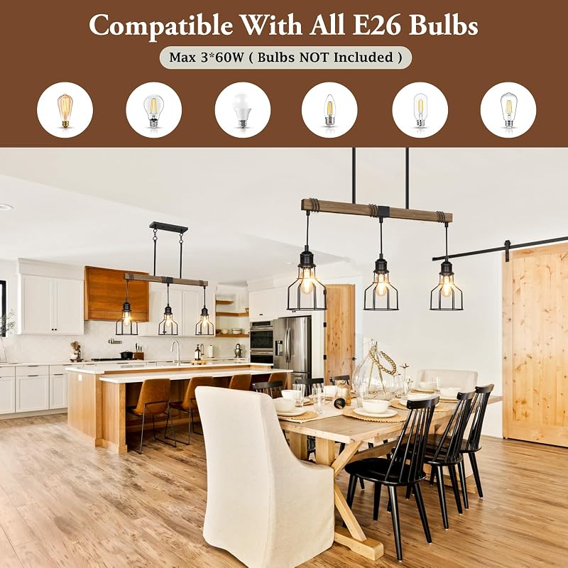 Lámpara colgante cocina 63pulg metal negro madera rústica