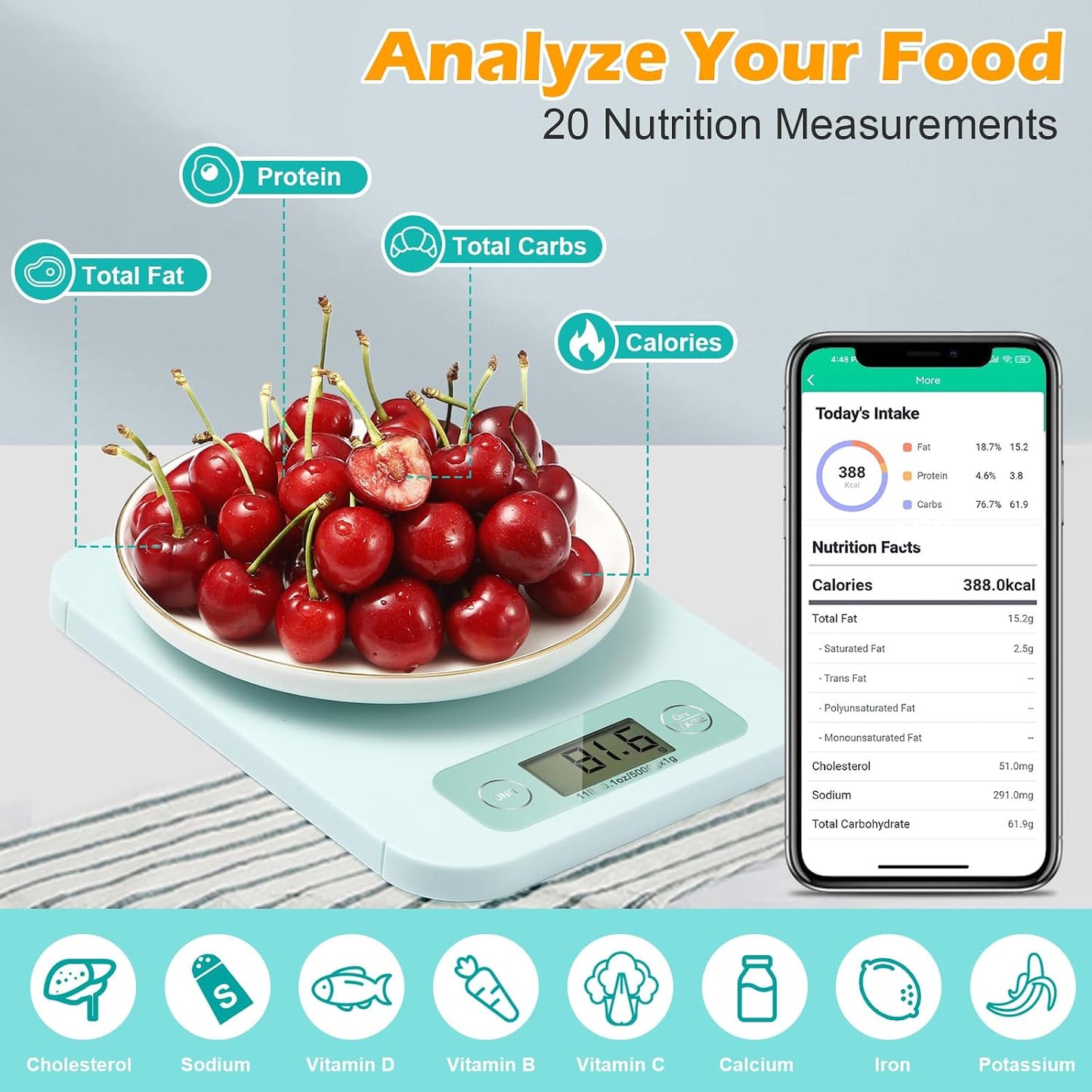 Báscula inteligente alimentos app nutricional gramos oz