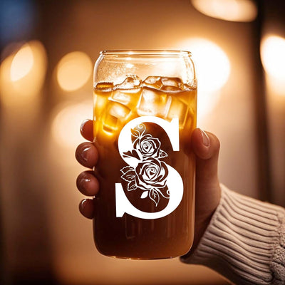 Vaso vidrio 16oz con tapa y pajita regalo monogramado