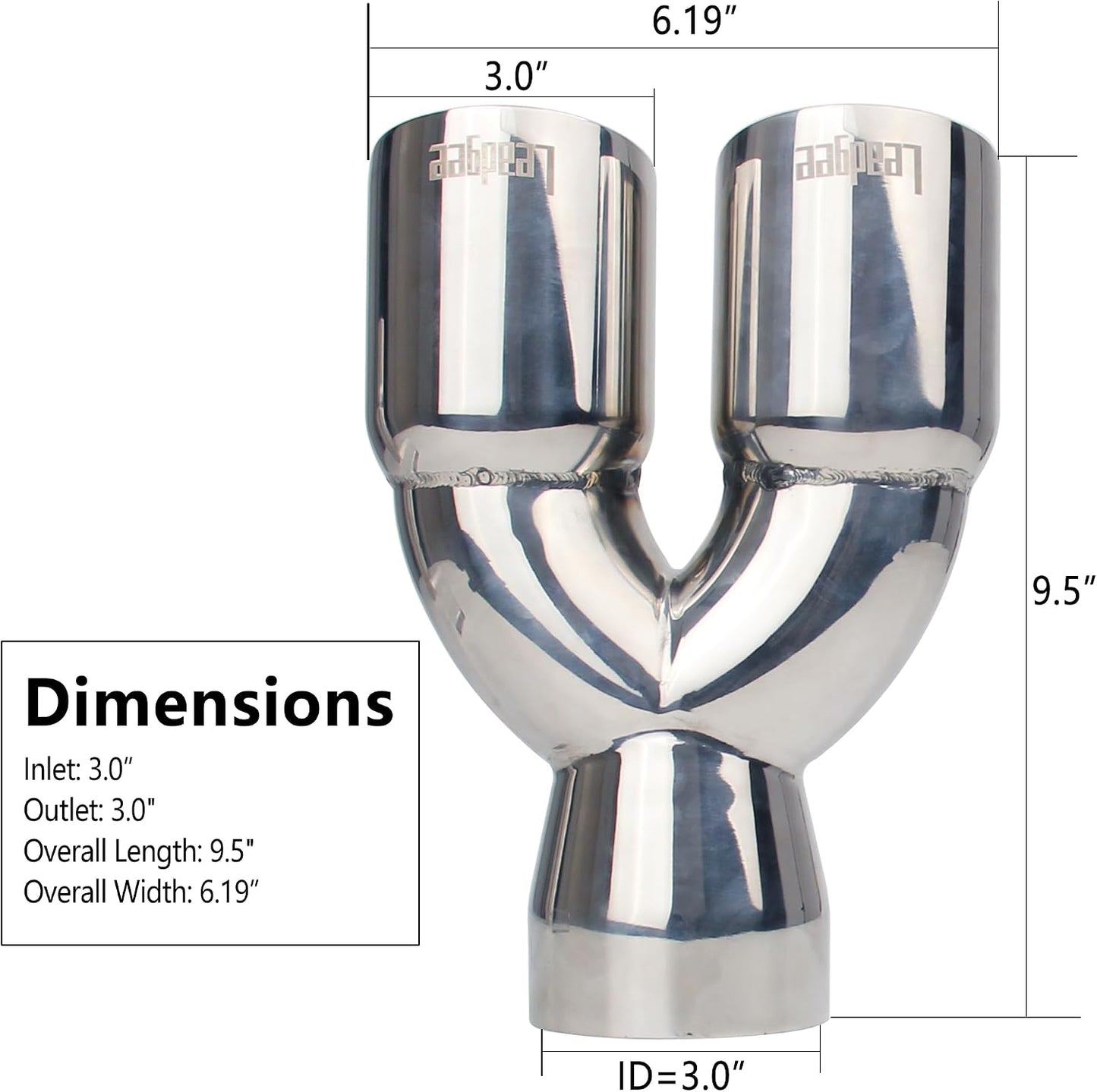 Punta escape doble 3" entrada salida 9.5" acero inox