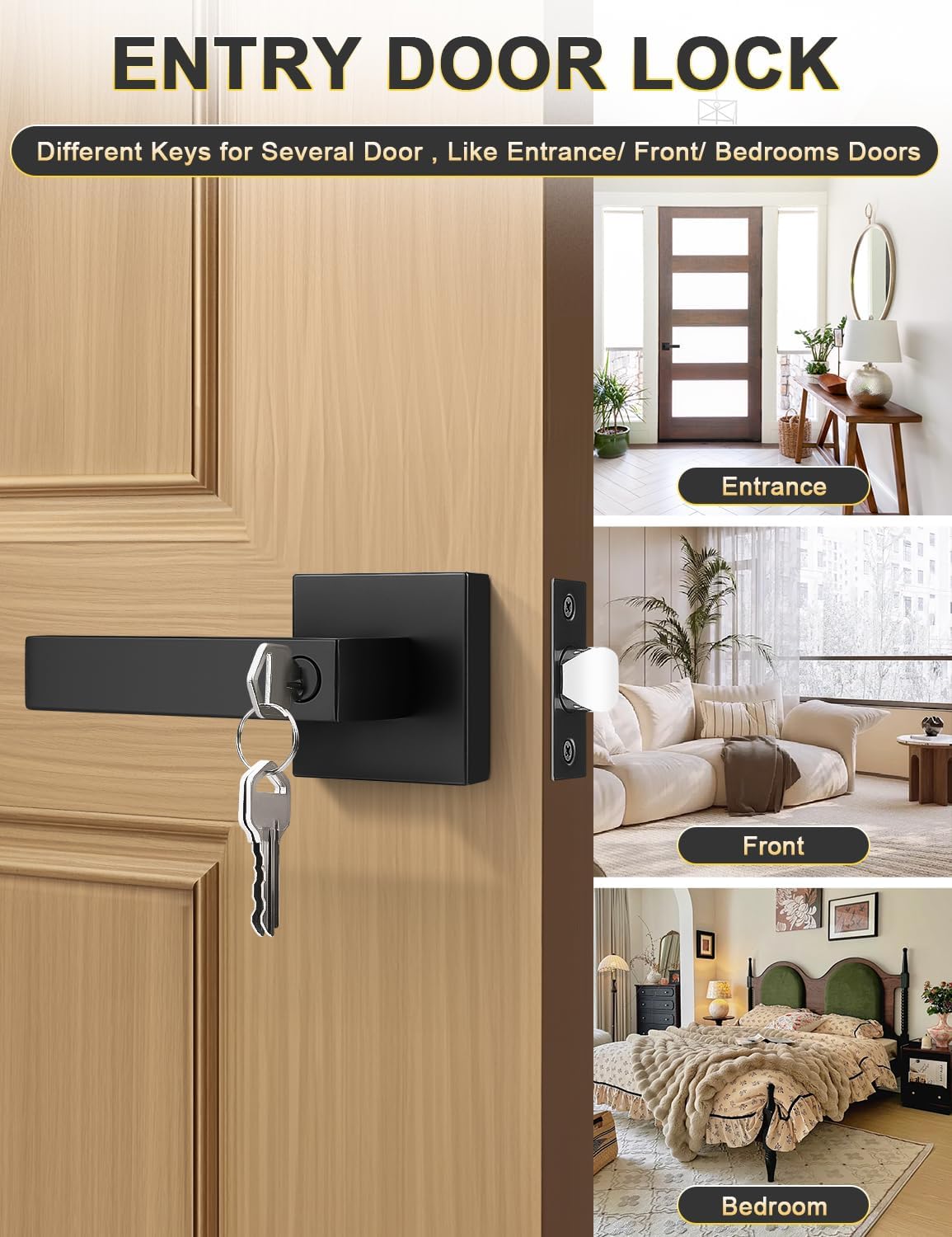 2 Manijas Puerta Entrada Cuadradas con Cerradura Negro Mate