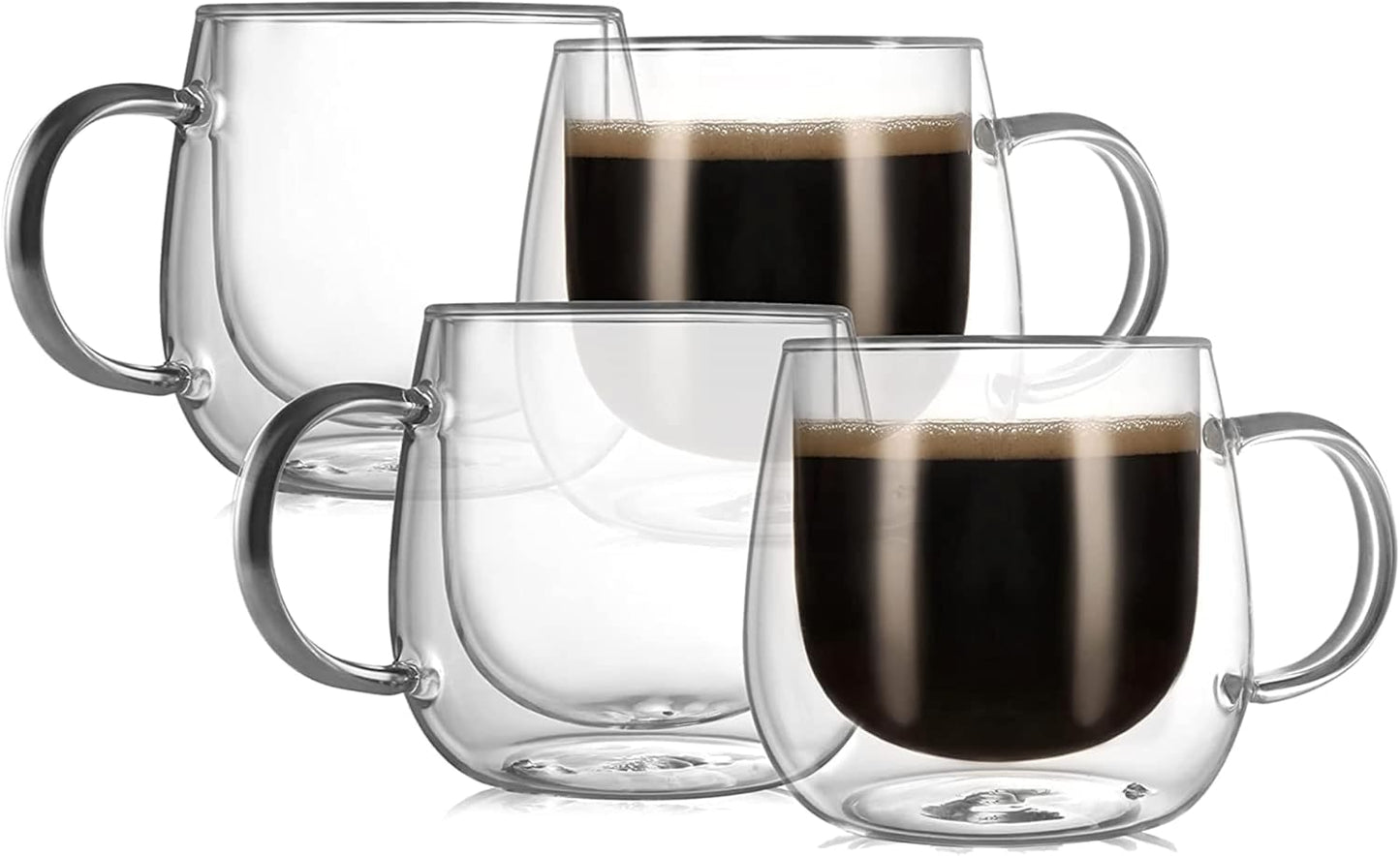 Tazas café vidrio doble pared 12oz set 4 transparentes con