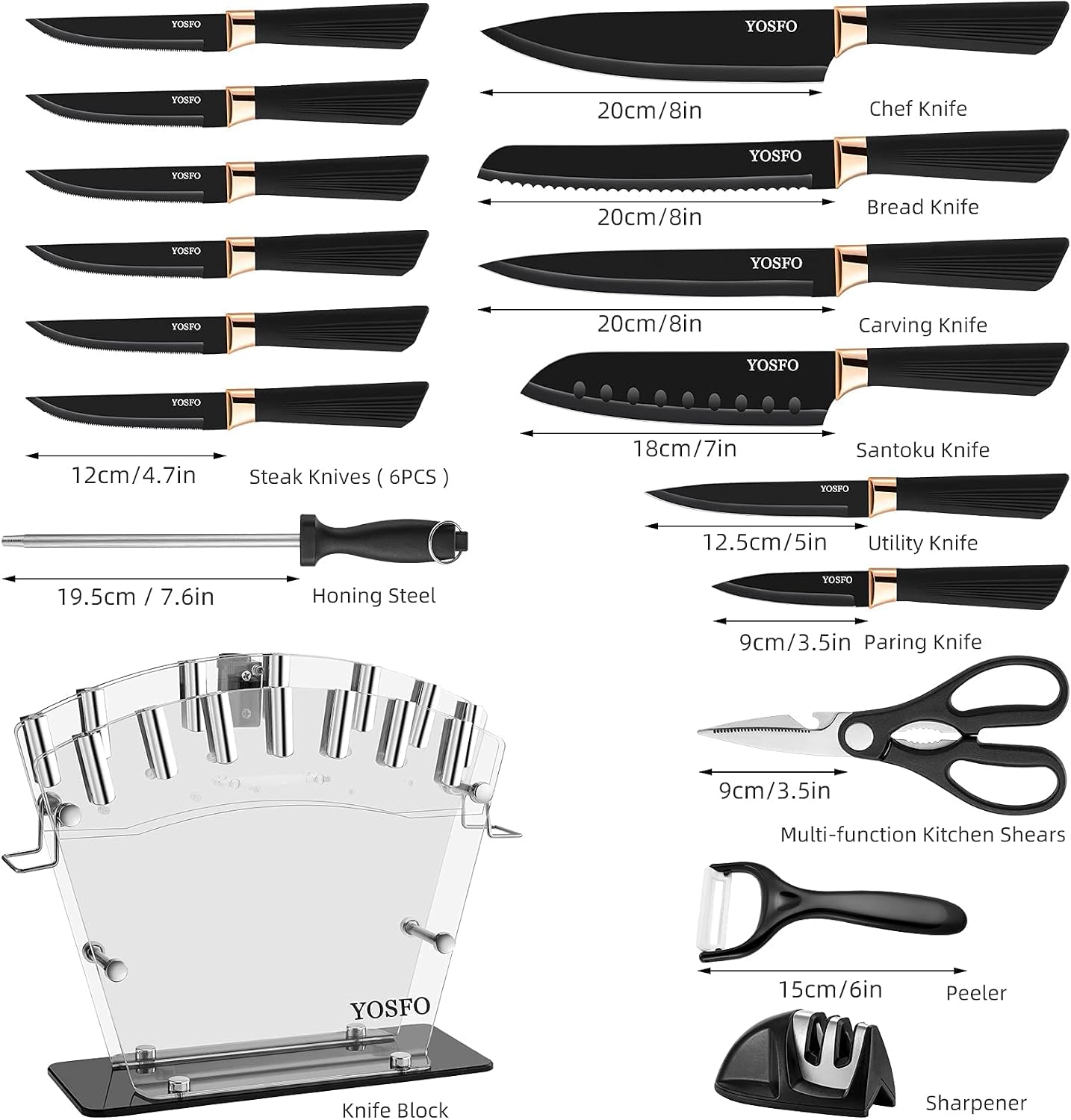 Set 17 Cuchillos Acero Inox con Bloque y Afilador