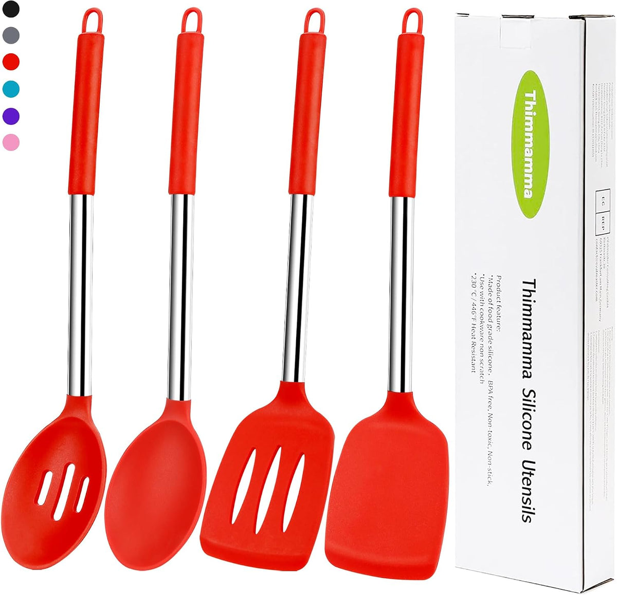 Set 4 Espátulas Silicona Mango Acero Inox Rojo