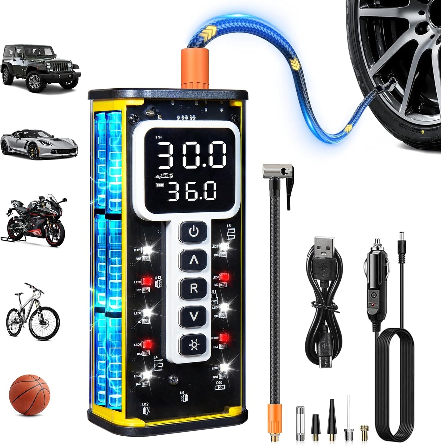Inflador neumáticos compresor aire 150 PSI con manómetro LED
