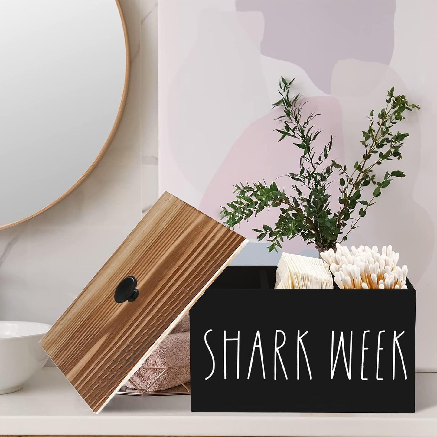 Organiz. baño madera negra con tapa y partición móvil