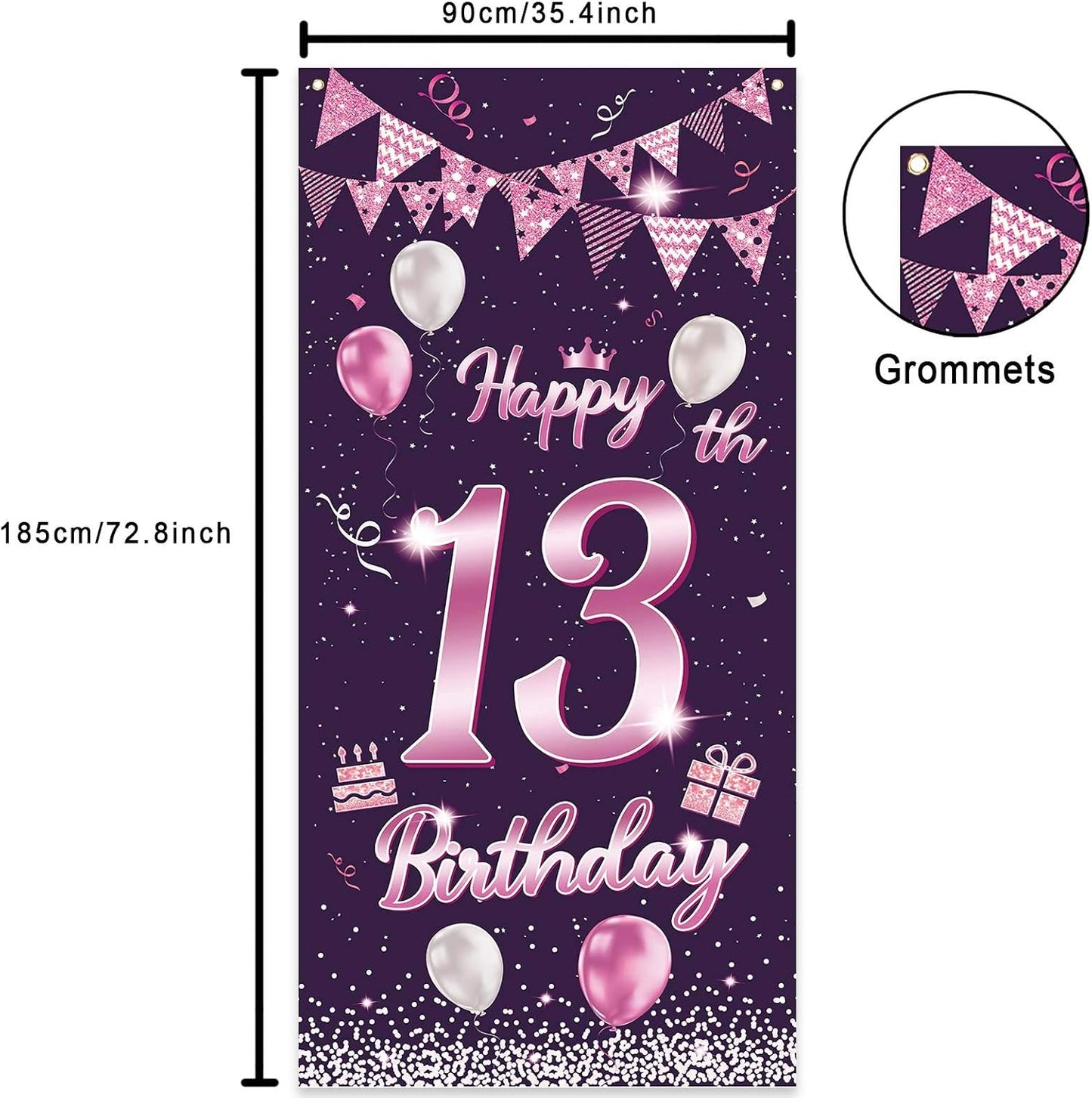 Cartel cumpleaños 13 años globos rosa morada decoración puerta