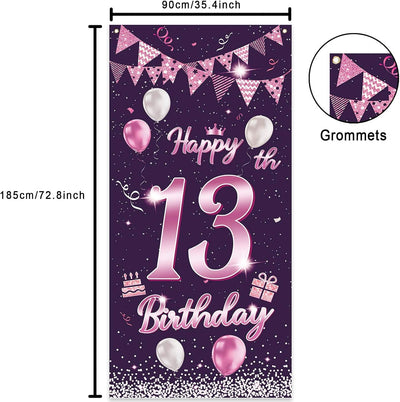 Cartel cumpleaños 13 años globos rosa morada decoración puerta