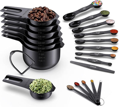 21 Tazas y Cucharas Medidoras Negras Acero Inox