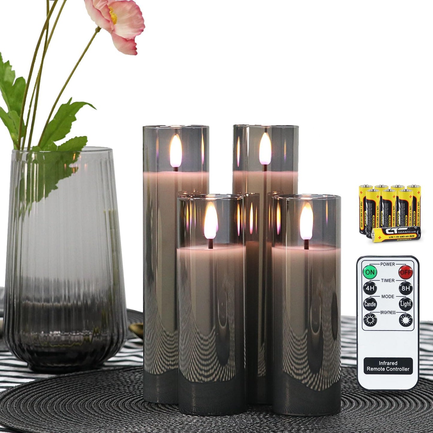 Velas LED vidrio sin llama control remoto 4 pzas gris