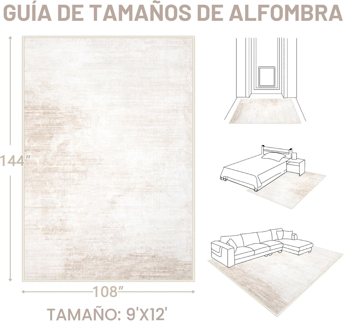 Alfombra 9x12pulg lavable antiderrap beige para dormitorio
