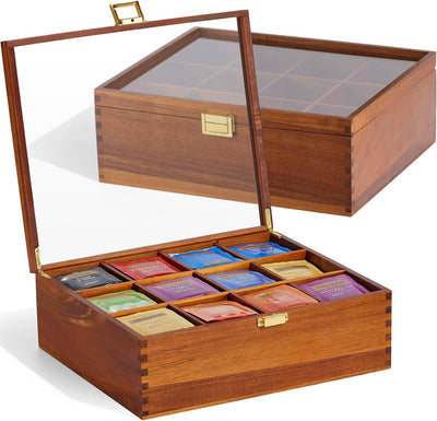 Cajón té madera acacia 12 compartimentos con ventana