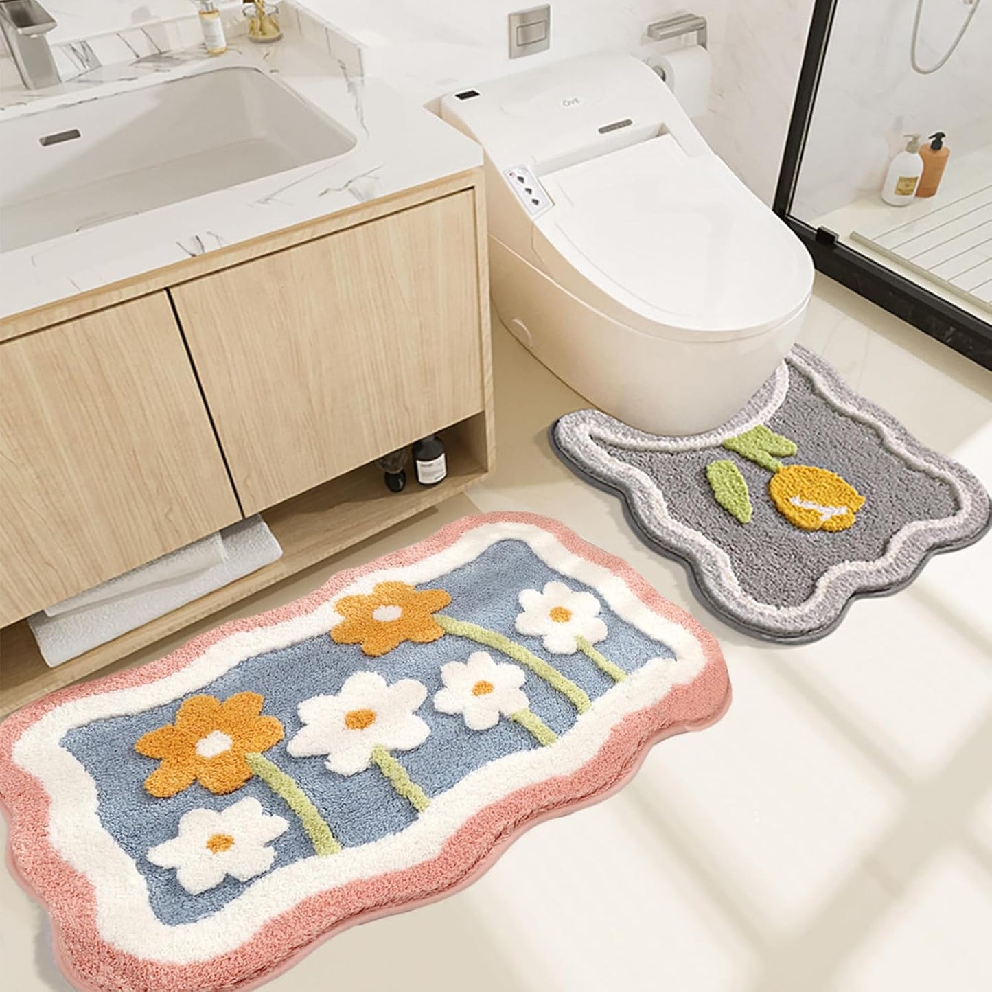 Set 2 Alfombras Baño Microfibra Rosa y Forma U
