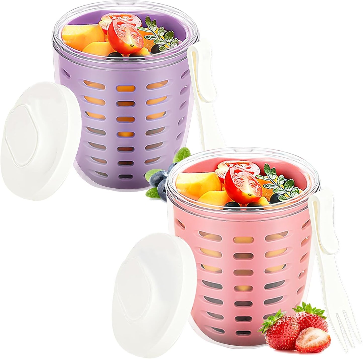 Vaso plástico para frutas con tapa y tenedor 20oz sin BPA