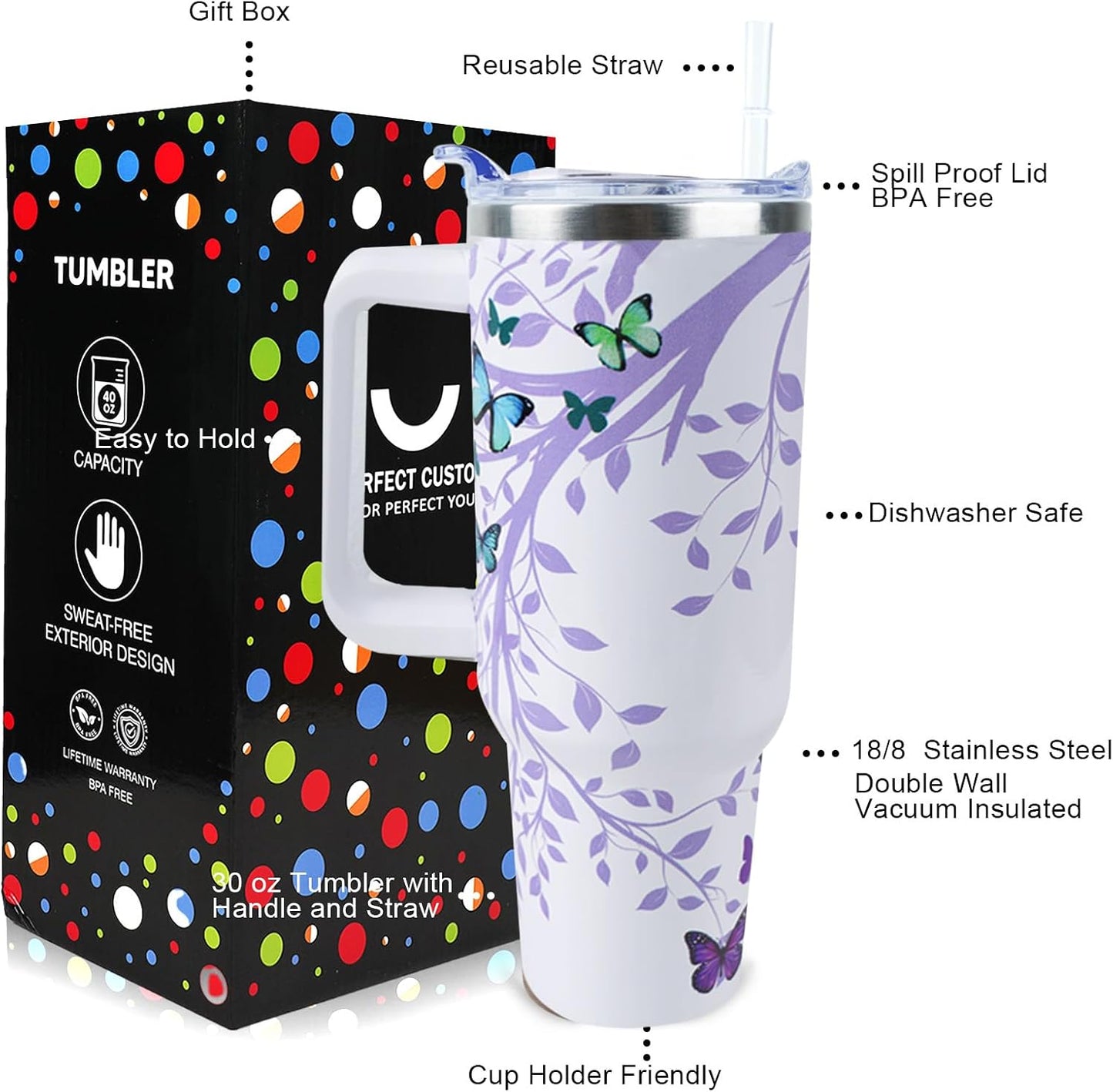 Vaso mariposa 40oz con asa tapa popote viaje café