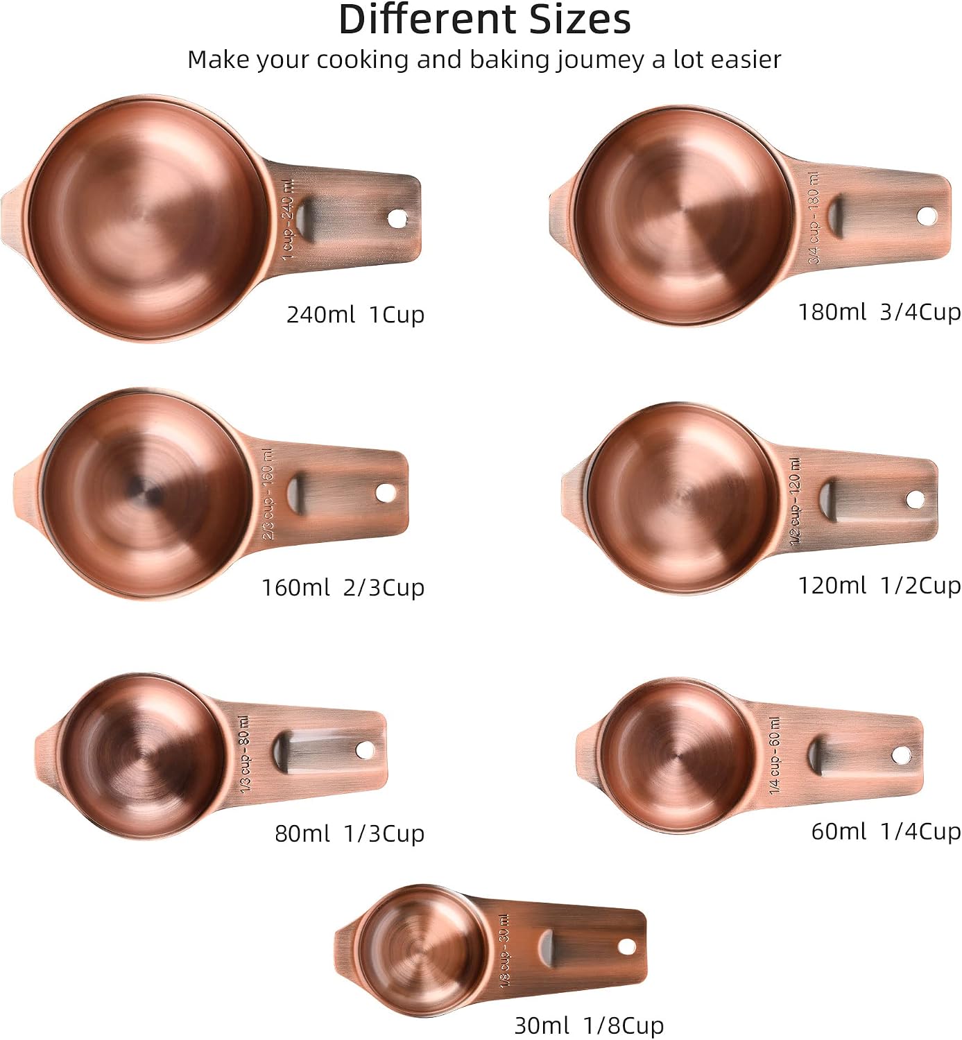 Set 17 tazas y cucharas medidoras de cobre y acero inox