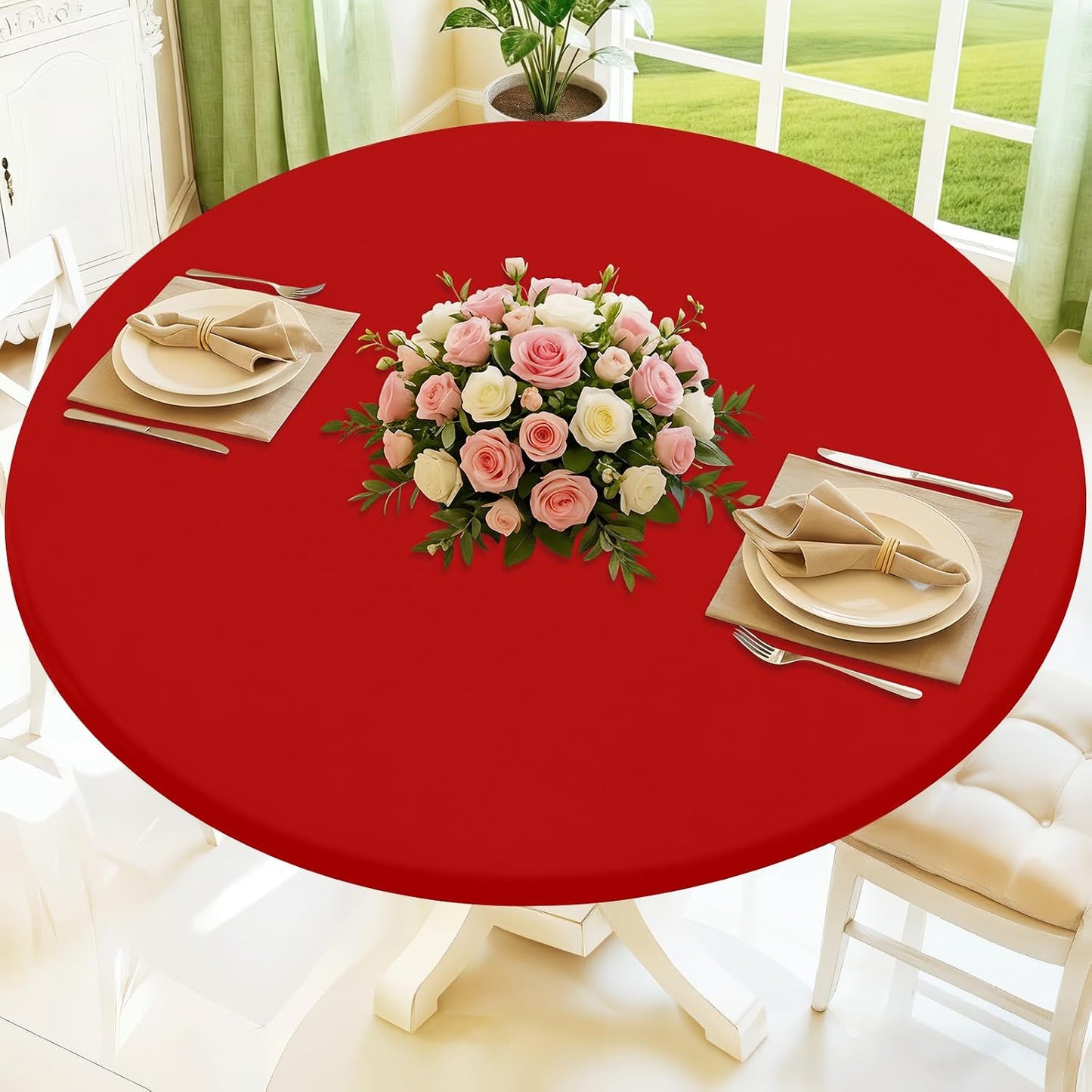 Mantel redondo elastano elástico impermeable 45-56pulg color rojo