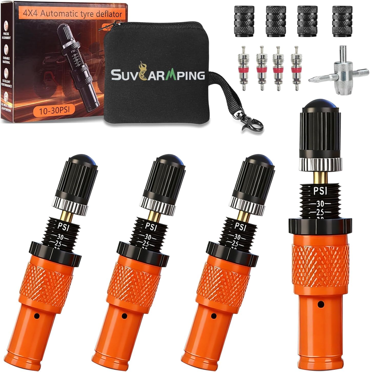 Kit válvula desinfladora neumáticos 10-30 PSI 4uds naranja