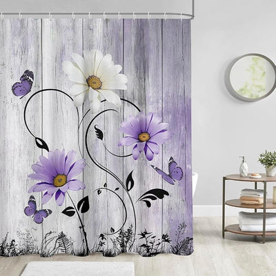 Cortina ducha floral púrpura estilo bohemio para baño