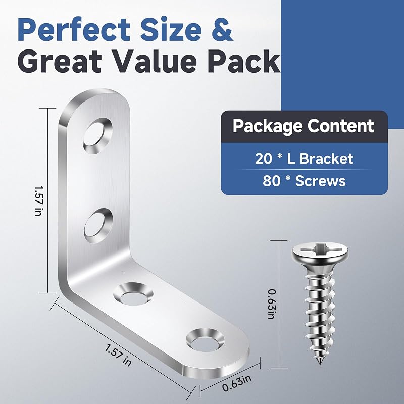 Set 20 Soportes L Acero Inox para Estantes Madera 90 Grados