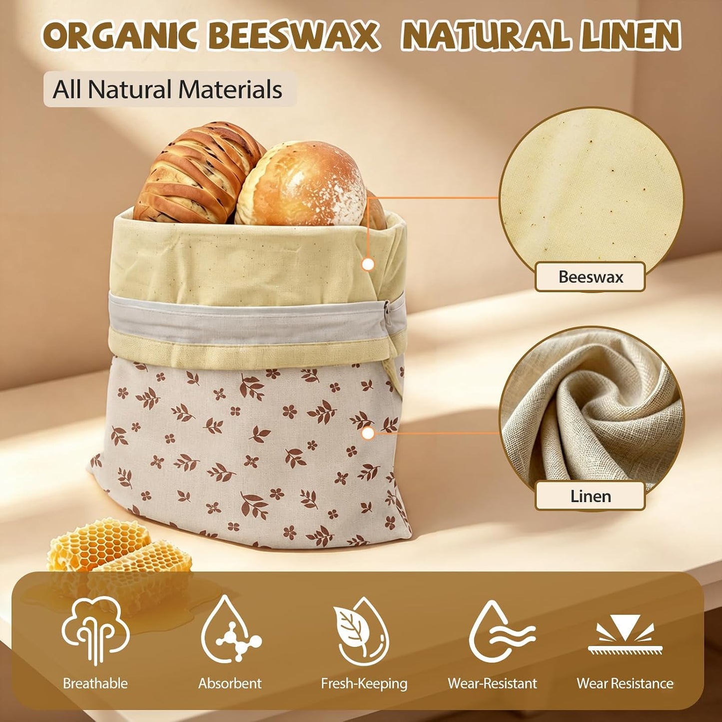 Bolsas pan lino con cera abejas doble cierre reutilizables