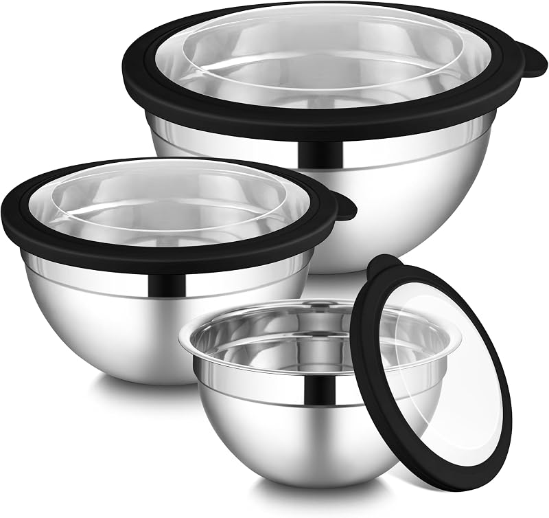 Set 3 Tazones Acero Inox Anidables 4.6-1.5qt con Tapas