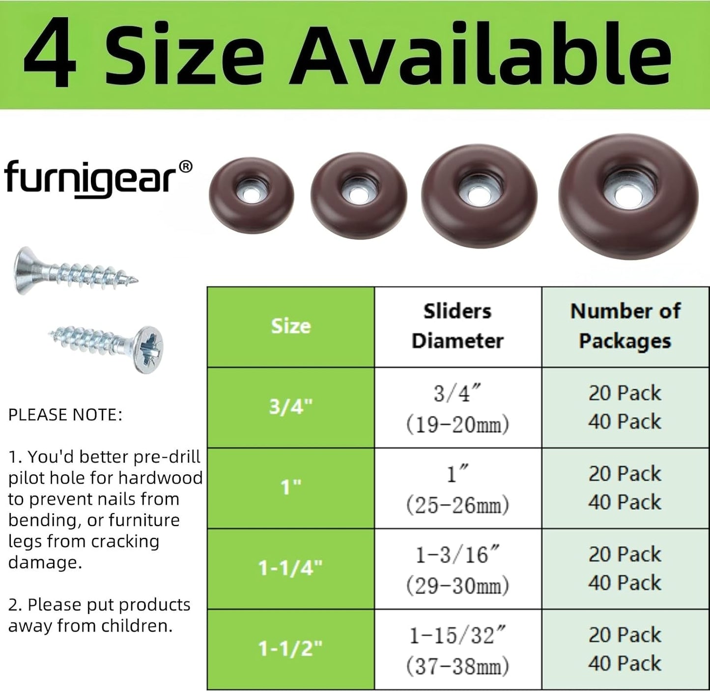 Deslizadores muebles tornillo PTFE 20 pzas marrón
