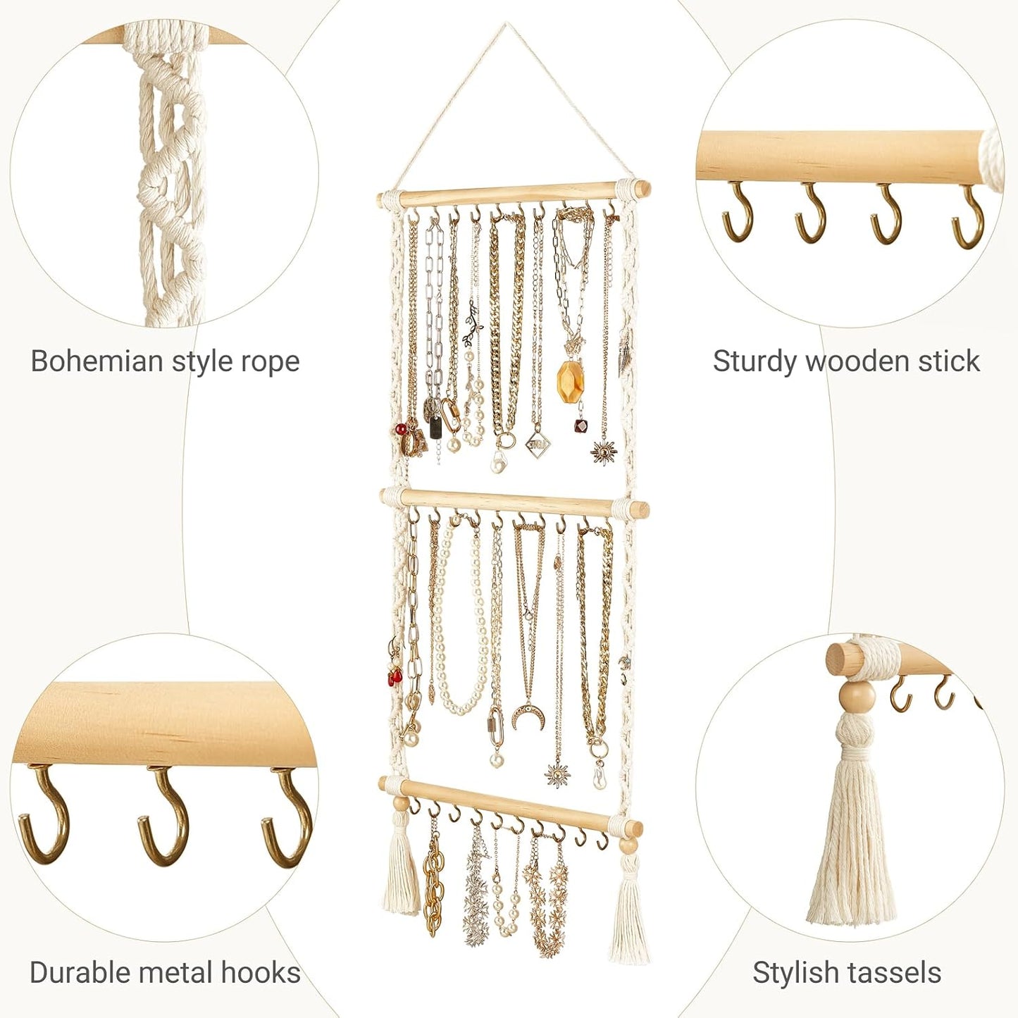 Organiz. joyas colgante macramé 30 ganchos pared